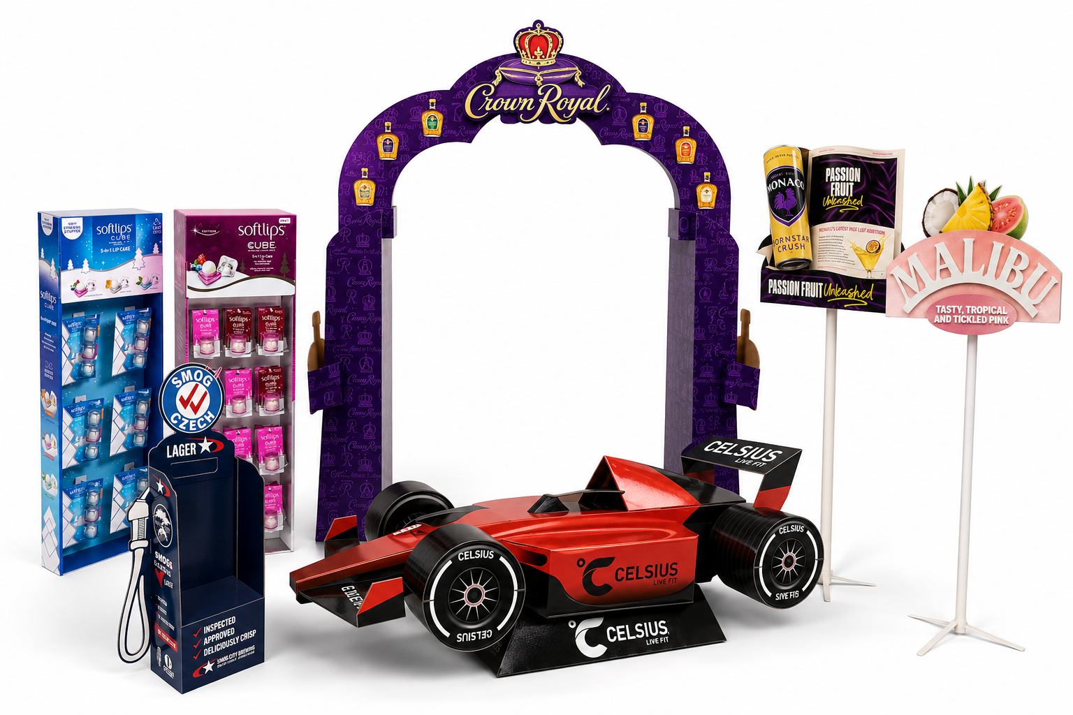 Hawver custom displays: Svedka Party Edition, Corona chair, Aperol Campari Crodino rack, Celsius race car, Tito's arch, Softlips cube, brand ambassador, and Cazadores tequila
